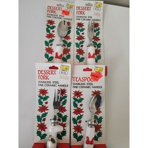Vintage Stainless Steel Christmas Ceramic Fork Spoon Osco 5" NOS Made Japan Lot